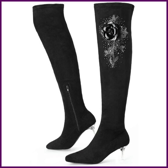 Over the Knee Boots with Rhinestone Flower Clear Heel Pointed Toe